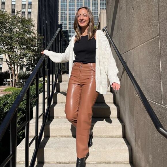 7 for all mankind straight leg tan camel faux leather pants size medium mob wife - Picture 1 of 9